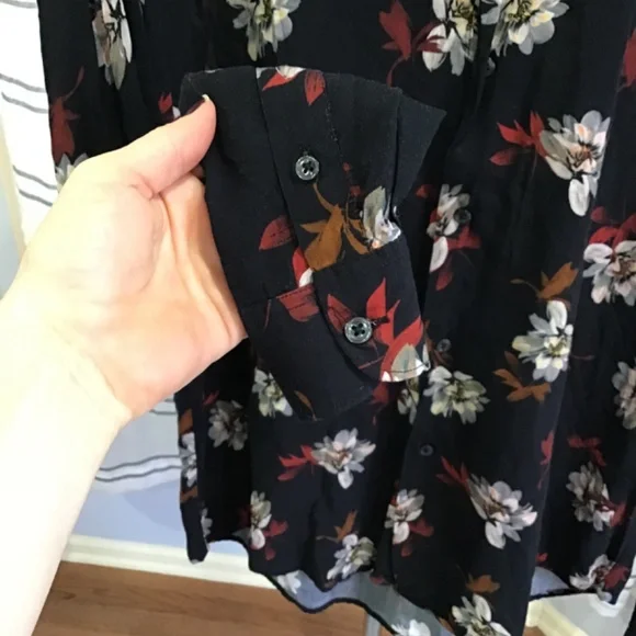 Zara Men Size Med Black Button Up Collard Dress Shirt Floral Hawaii Lightweight - Picture 4 of 10